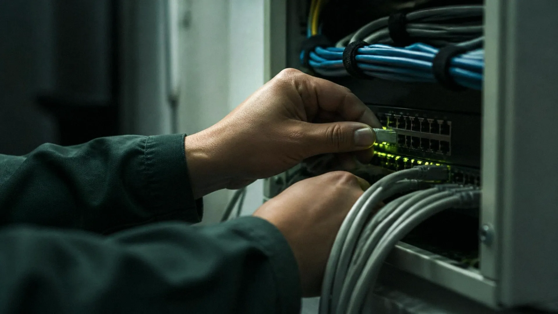 ネットワーク機器にLANケーブルを挿す手元（イメージ写真）